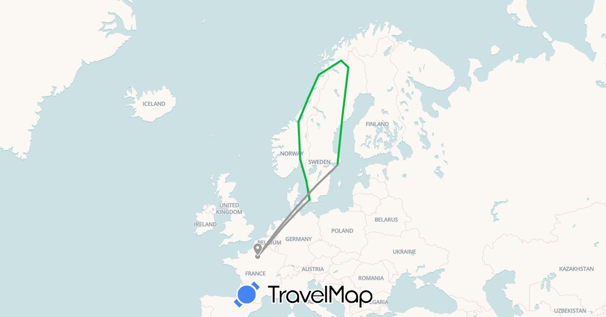 TravelMap itinerary: bus, plane in Denmark, France, Norway, Sweden (Europe)